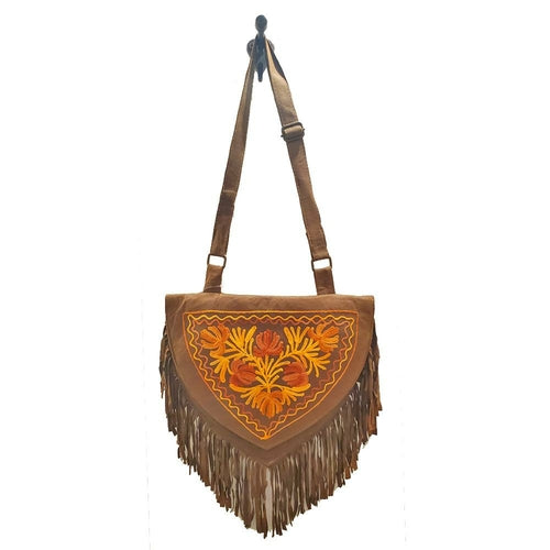 Kashida Embroidered Bihar Suede Fringe Tassel Shoulder Bag