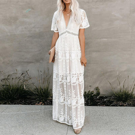 Embroidered White Lace Boho Maxi Dress