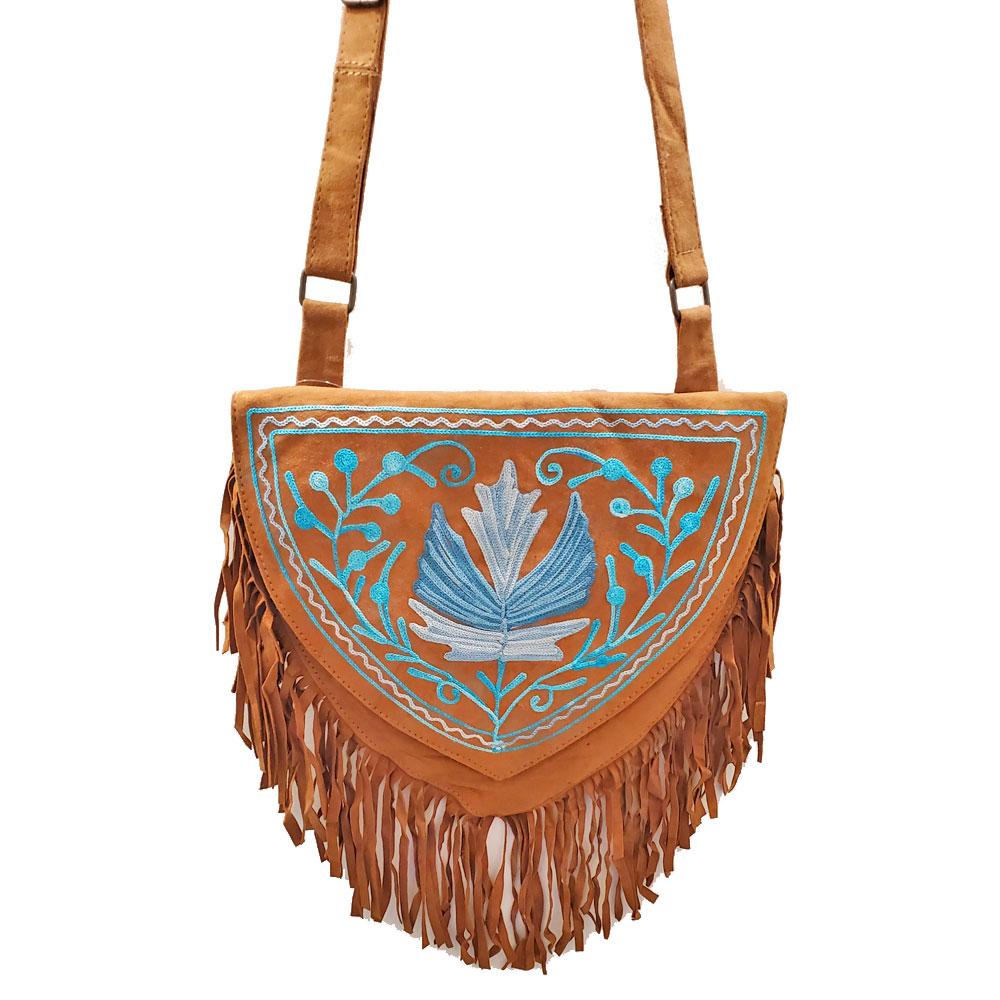 Kashida Embroidered Bihar Suede Fringe Tassel Shoulder Bag