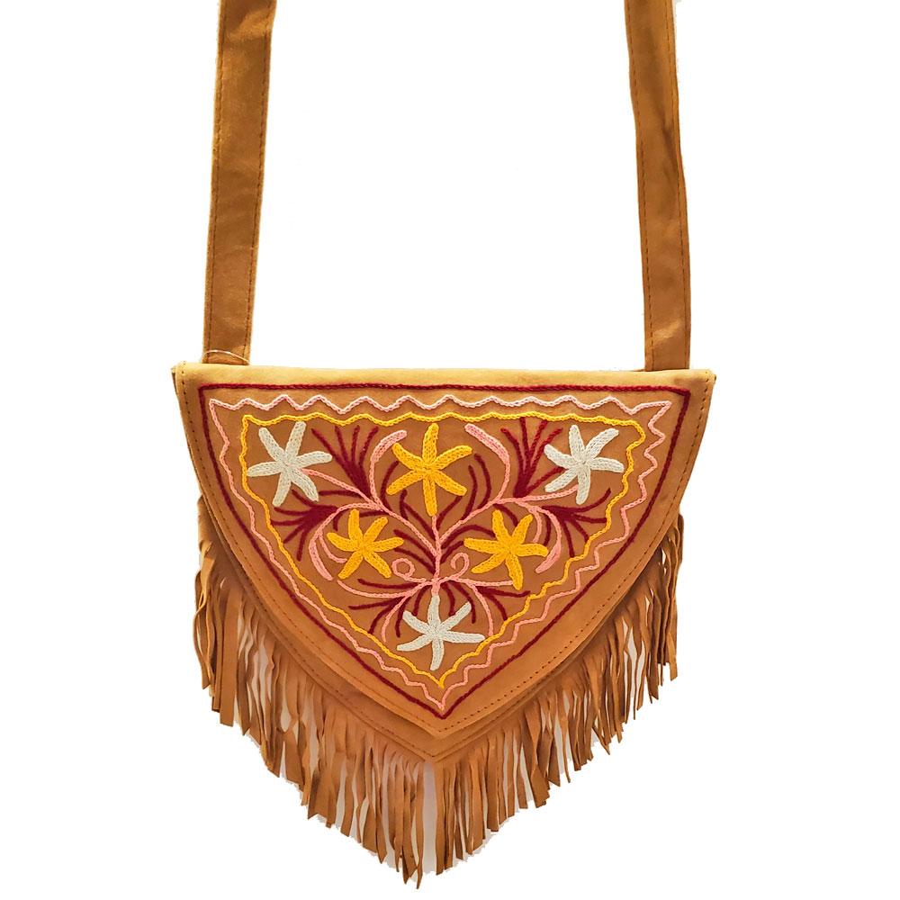 Kashida Embroidered Bihar Suede Fringe Tassel Shoulder Bag