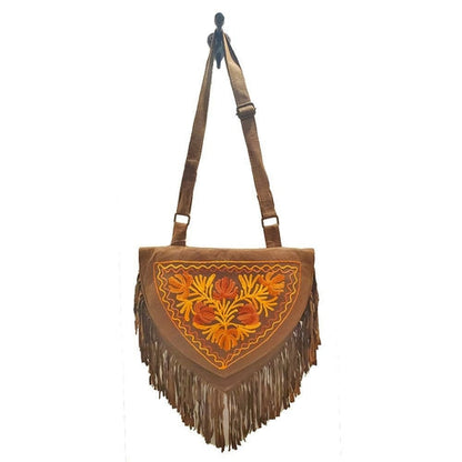 Kashida Embroidered Bihar Suede Fringe Tassel Shoulder Bag