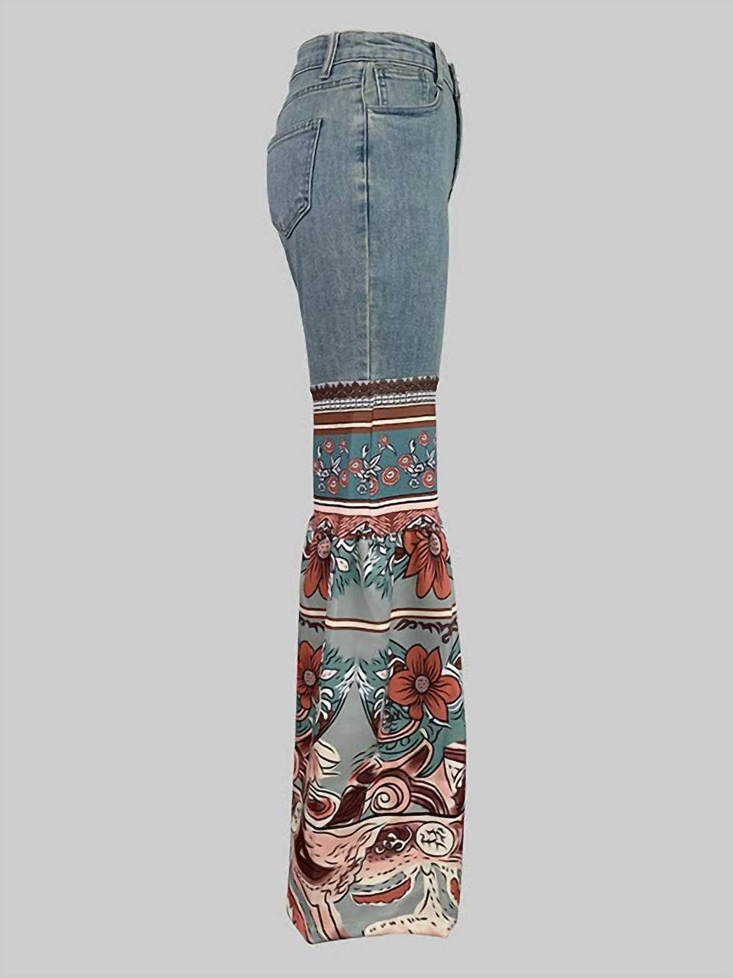 Flared Pants Floral Printed High Waisted Pockets Denim Jean