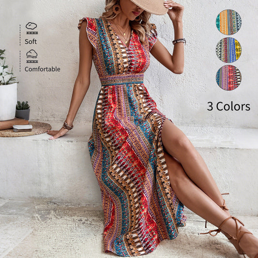 Geometric Print Puff Sleeve Boho Maxi Dress