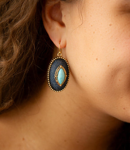 Stacked Blue Turquoise and Denim Golden Drop Earrings